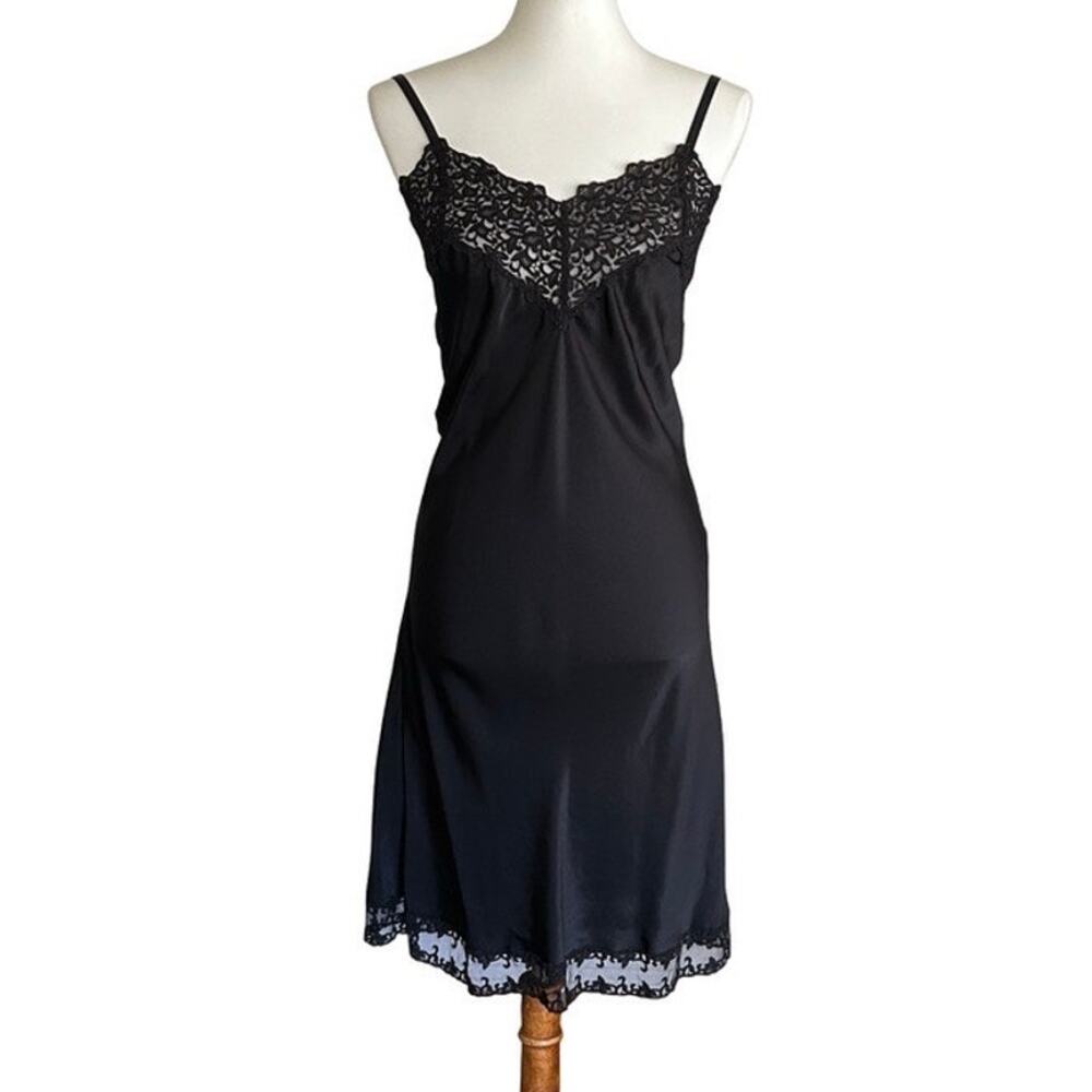 Vintage 1980s Wacoal Black Satin Slip Dress With Floral Lace Trim Size S
